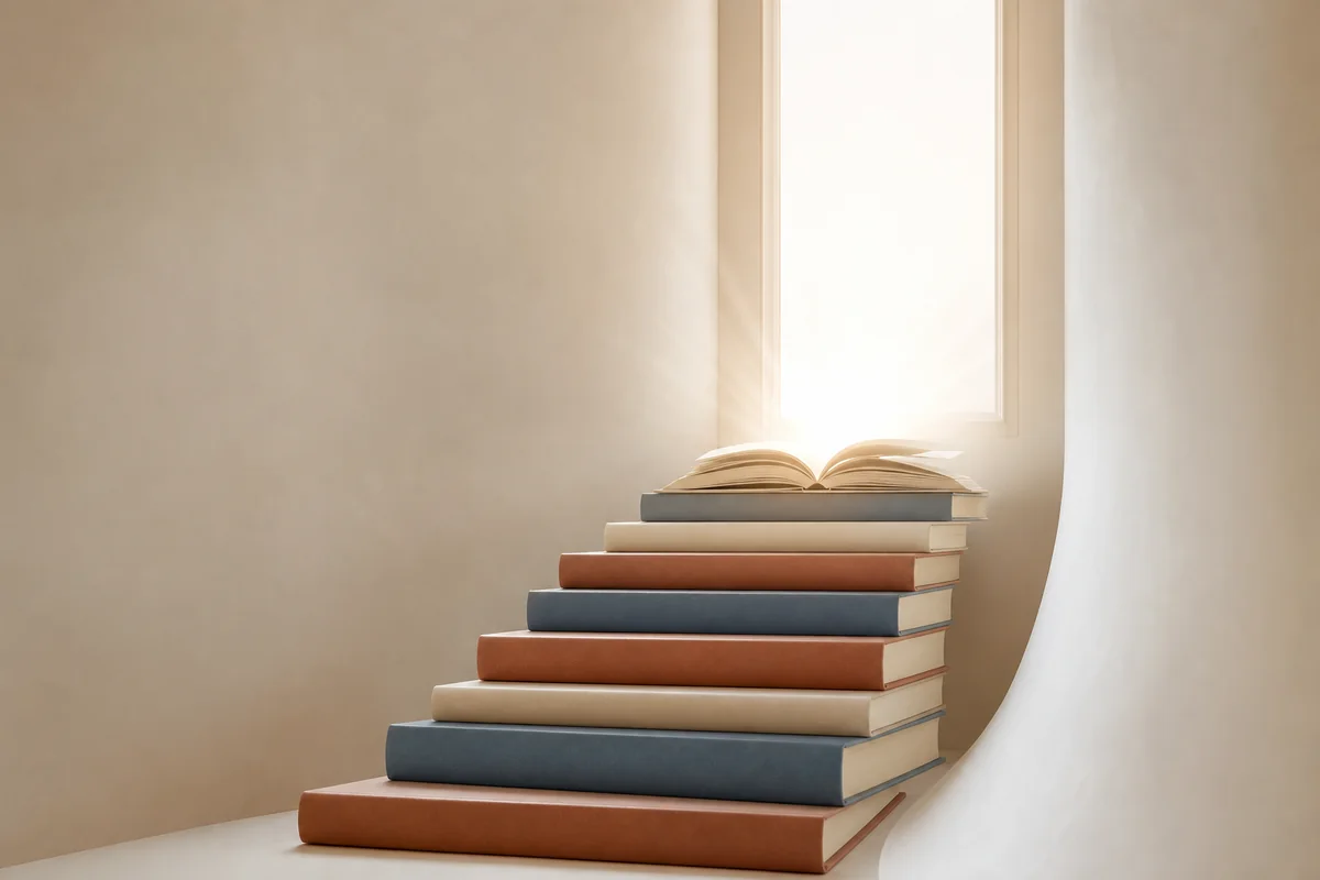 Лестница из закрытых книг, верхняя ступень – открытая книга с сияющим светом, ведущая к яркому проёму.