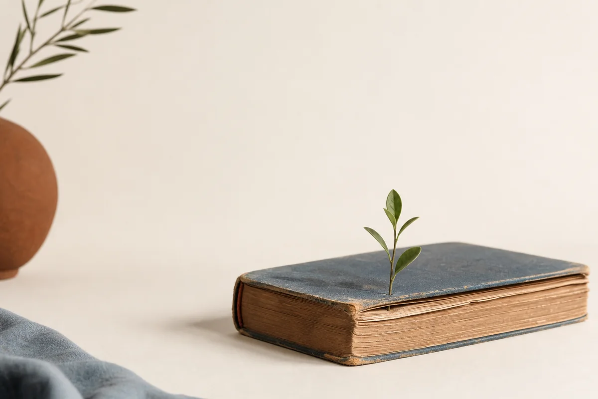 Старая закрытая книга, из страниц которой пробивается зеленый росток